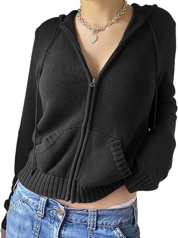 Women Zip Up Long Sleeve Crop Hooded Tops Ribbed Knit Cropped Hoodie Jacket Y2k Cute Sweater Pullover