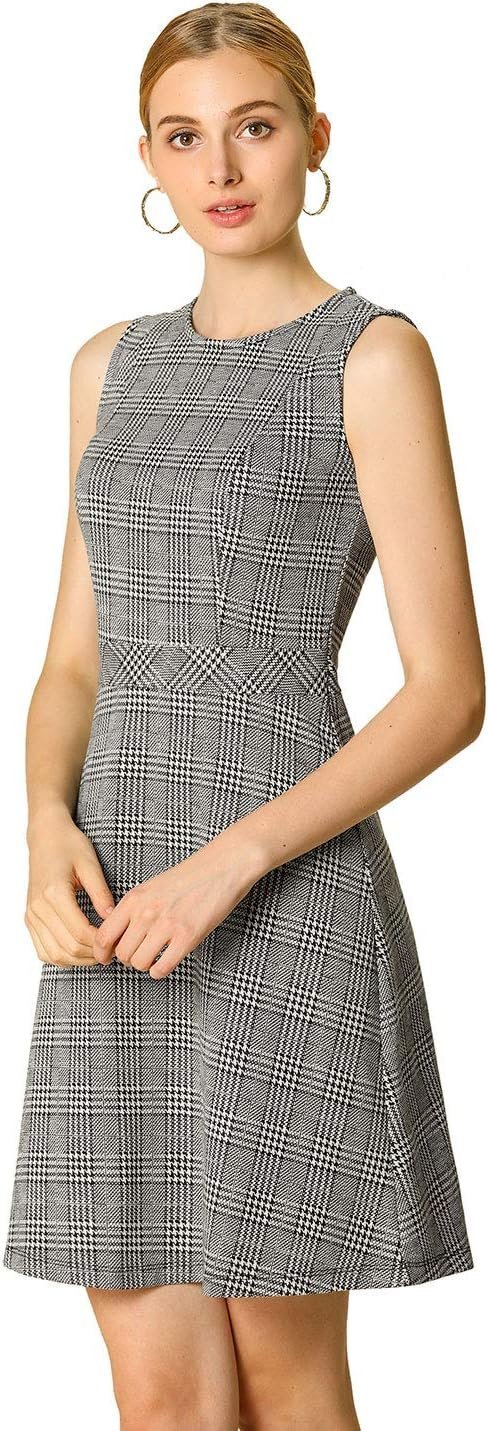 Women's Plaid Dress Sleeveless Fit and Flare Houndstooth Work Dresses