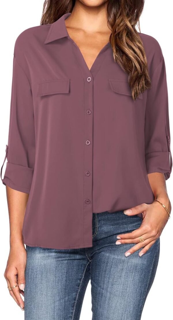 Women's Dressy Lapel Button Down Shirts for Work Office Business Casual Chiffon Blouse Tops