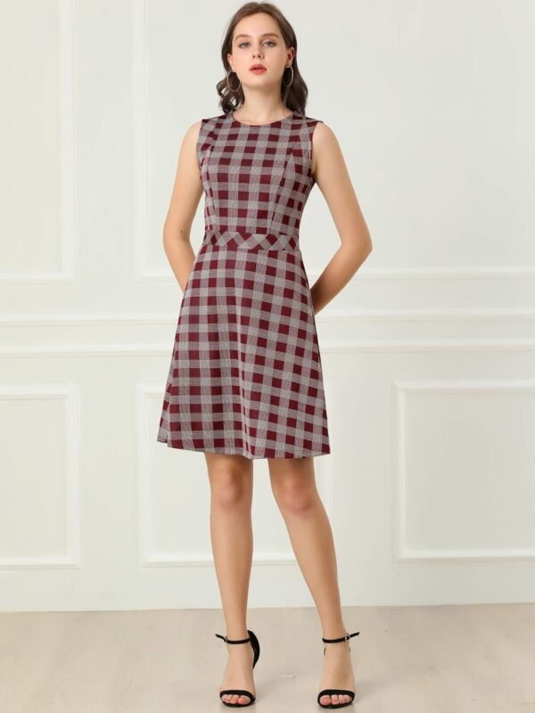 Women's Plaid Dress Sleeveless Fit and Flare Houndstooth Work Dresses