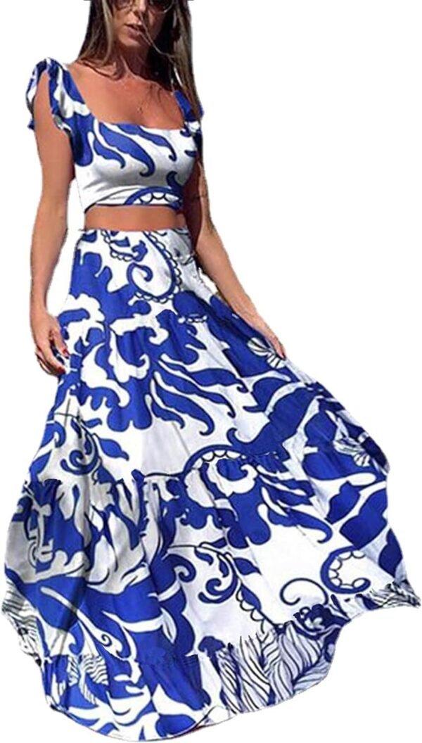 Womens Summer Sexy 2 Pieces Outfits Ruffle Floral Tank Top Wrap Boho Tropical Long Skirt Set Clubwear Dresses