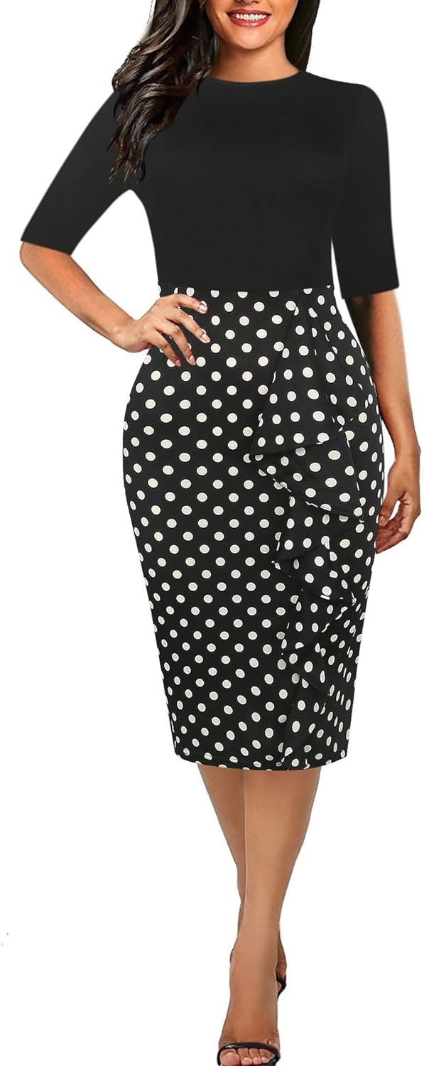 Women's Vintage Short Sleeve Polka Dot Falbala Fold Slim Fit Pencil Dress