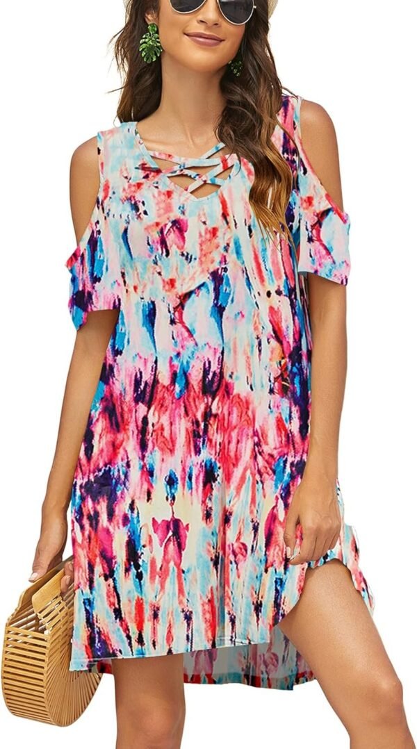 Women Summer Cold Shoulder Criss Cross Neckline Short Sleeve Casual Tunic Top Dress (S-3XL)