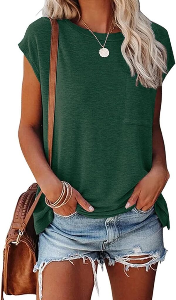Womens Summer Short Cap Sleeve Shirts Solid Loose Fit Pocket Tunic Tops