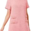 Women's Tweed Dress Short Sleeve Crew Neck A-line Party Vintage Mini Skirt Causal Dresses