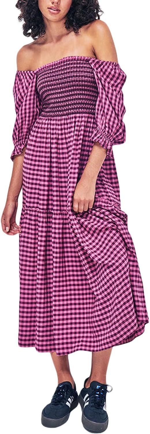 Women’s Floral Smocked Maxi Dress Boho Puff Sleeve Sweetheart A-Line Flowy Long Dresses Y2K Swing Beach Sundress