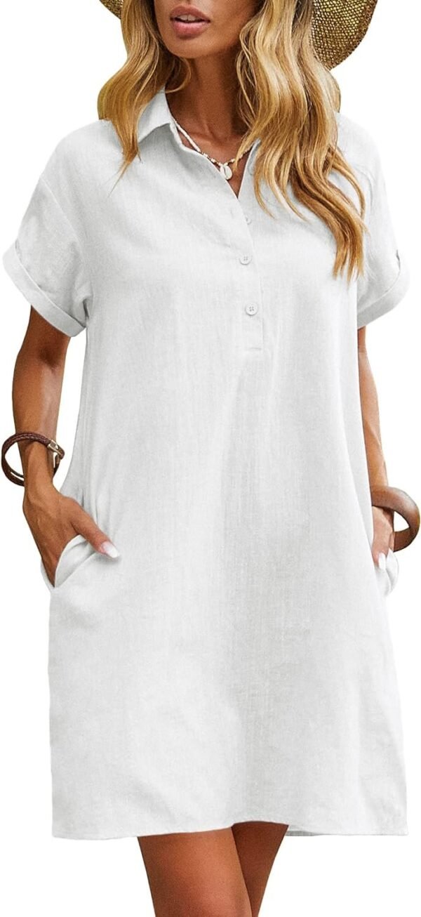 Womens Cotton Shirt Dress Summer Casual Short Sleeve Button Down Beach Cover Up Shirts with Pockets