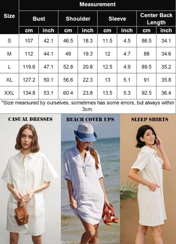 Womens Cotton Shirt Dress Summer Casual Short Sleeve Button Down Beach Cover Up Shirts with Pockets