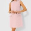 Women's Tweed Jackie Dress Crew Neck Sleeveless Elegant Vintage Button Bodycon A-line Mini Dresses