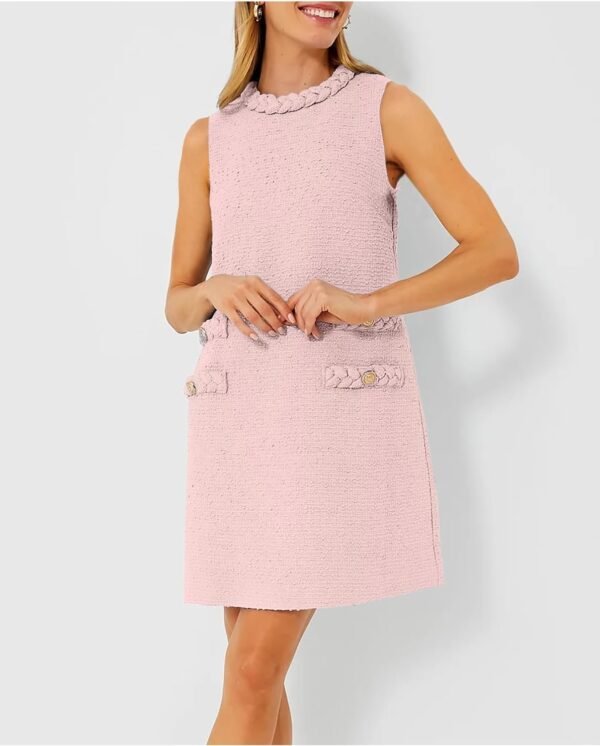 Women's Tweed Jackie Dress Crew Neck Sleeveless Elegant Vintage Button Bodycon A-line Mini Dresses