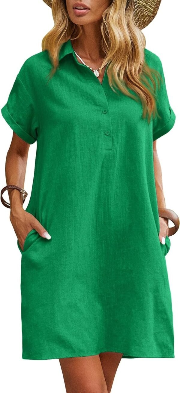 Womens Cotton Shirt Dress Summer Casual Short Sleeve Button Down Beach Cover Up Shirts with Pockets