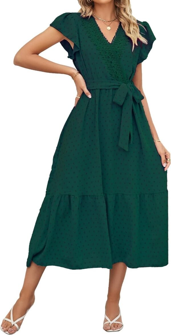 Women's Wrap V Neck Wedding Guest Dress Flutter Sleeve Swiss Dot A-Line Midi Summer Beach Dress