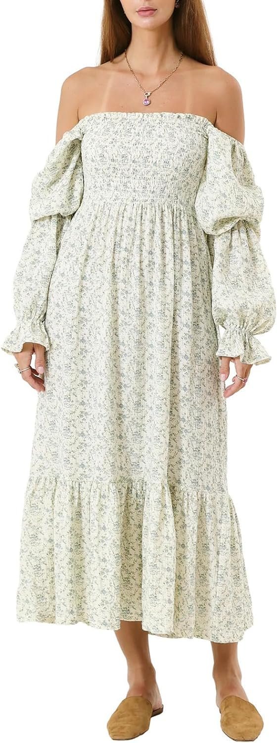 Women’s Floral Smocked Maxi Dress Boho Puff Sleeve Sweetheart A-Line Flowy Long Dresses Y2K Swing Beach Sundress