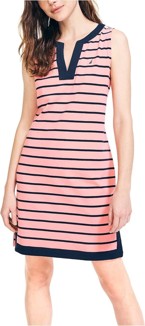 Women's Breton Stripes Sleeveless V-Neck Stretch Cotton Polo Dress