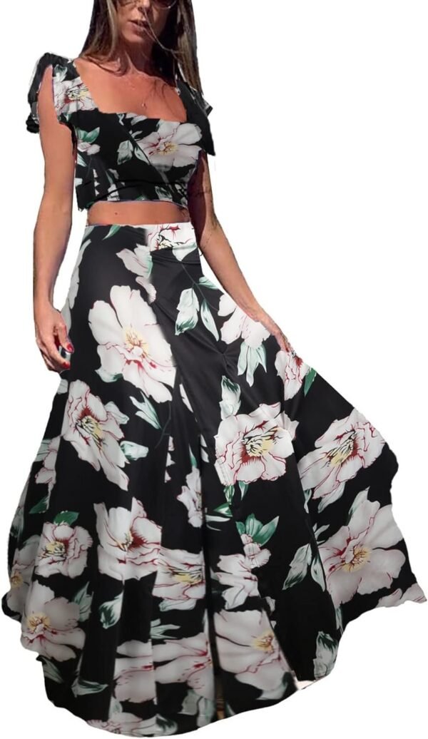 Womens Summer Sexy 2 Pieces Outfits Ruffle Floral Tank Top Wrap Boho Tropical Long Skirt Set Clubwear Dresses