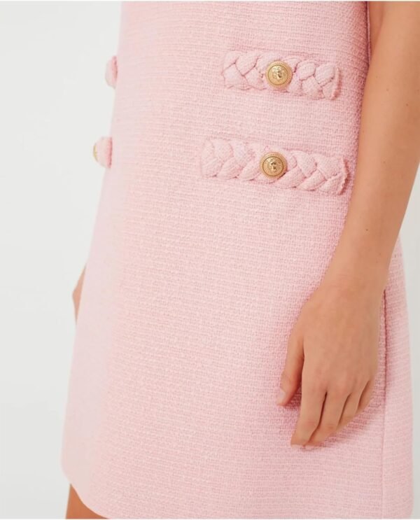 Women's Tweed Jackie Dress Crew Neck Sleeveless Elegant Vintage Button Bodycon A-line Mini Dresses