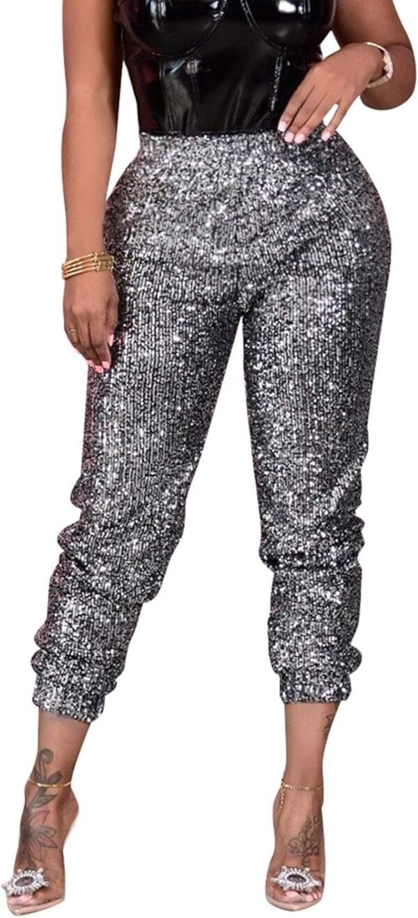 Women Casual Sequin Sparkle Glitter High Waist Pencil Pants Trousers Clubwear