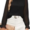 Womens Blouses Trendy Dressy Casual Tops Elegant Puff Long Sleeve Shirts Ruffle Mock Neck Plain Chiffon Outfits