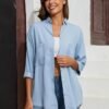 Women's Soft Tencel Denim Shirts Casual 3/4 Sleeve Button Down Blouses