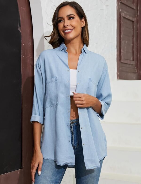 Women's Soft Tencel Denim Shirts Casual 3/4 Sleeve Button Down Blouses
