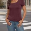 Womens Tops Casual Spring Summer Tshirts 2024 Short Sleeve Square Neck Basic Tee Outfits