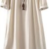 Women's Cotton Linen Dress Short Sleeve Midi Casual Tunic Dress with Pockets