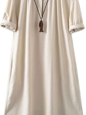 Women's Cotton Linen Dress Short Sleeve Midi Casual Tunic Dress with Pockets
