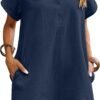 Womens Cotton Shirt Dress Summer Casual Short Sleeve Button Down Beach Cover Up Shirts with Pockets