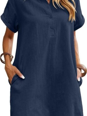 Womens Cotton Shirt Dress Summer Casual Short Sleeve Button Down Beach Cover Up Shirts with Pockets