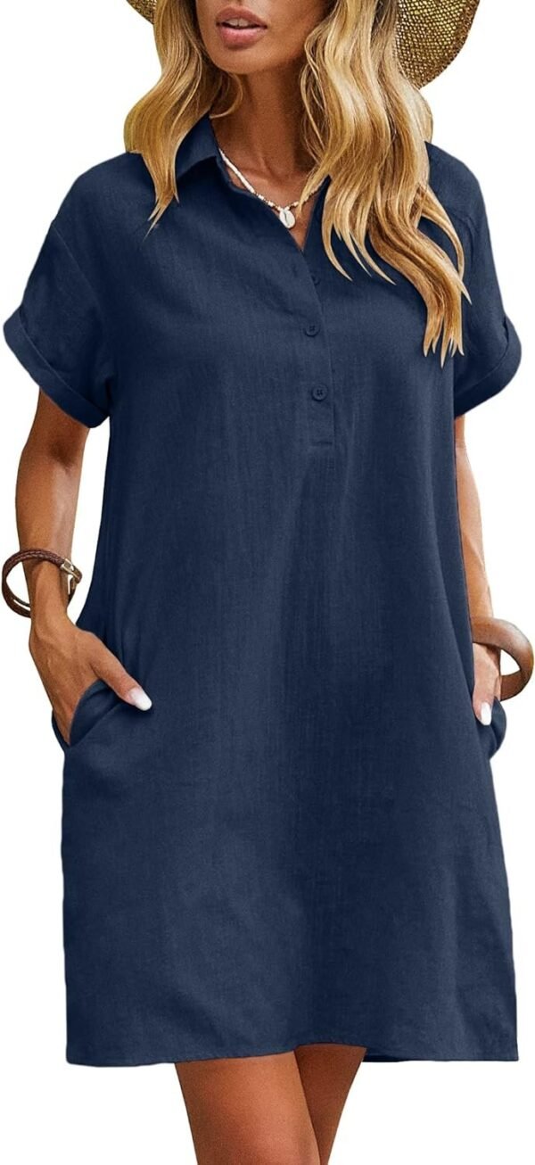 Womens Cotton Shirt Dress Summer Casual Short Sleeve Button Down Beach Cover Up Shirts with Pockets