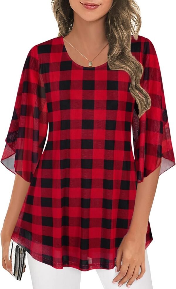 Women's Tops 3/4 Sleeve Blouses Dressy Casual Double Layers Mesh Tunic Shirts