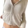 Women Zip Up Long Sleeve Crop Hooded Tops Ribbed Knit Cropped Hoodie Jacket Y2k Cute Sweater Pullover