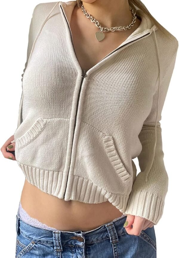 Women Zip Up Long Sleeve Crop Hooded Tops Ribbed Knit Cropped Hoodie Jacket Y2k Cute Sweater Pullover