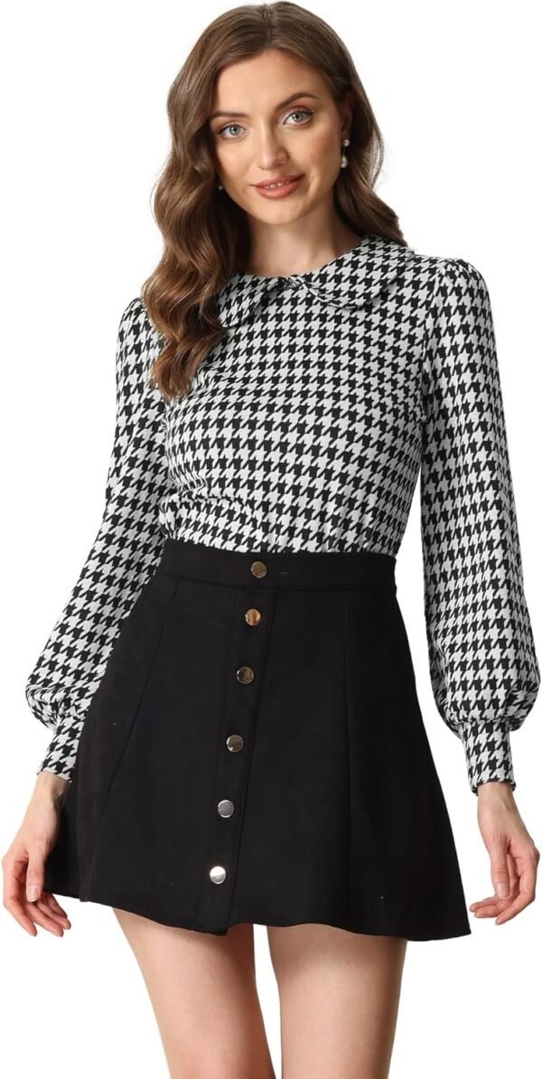 Women's Peter Pan Collar Shirt Fashion Puff Long Sleeve Houndstooth Plaid Blouse