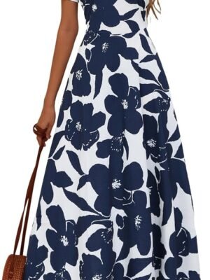 Women's 2024 Short Sleeve Round Neck Casual Summer Flowy Maxi Spring Dresses with Pockets