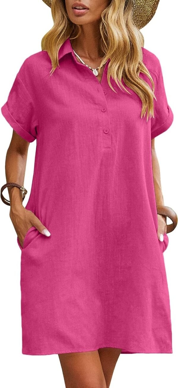 Womens Cotton Shirt Dress Summer Casual Short Sleeve Button Down Beach Cover Up Shirts with Pockets