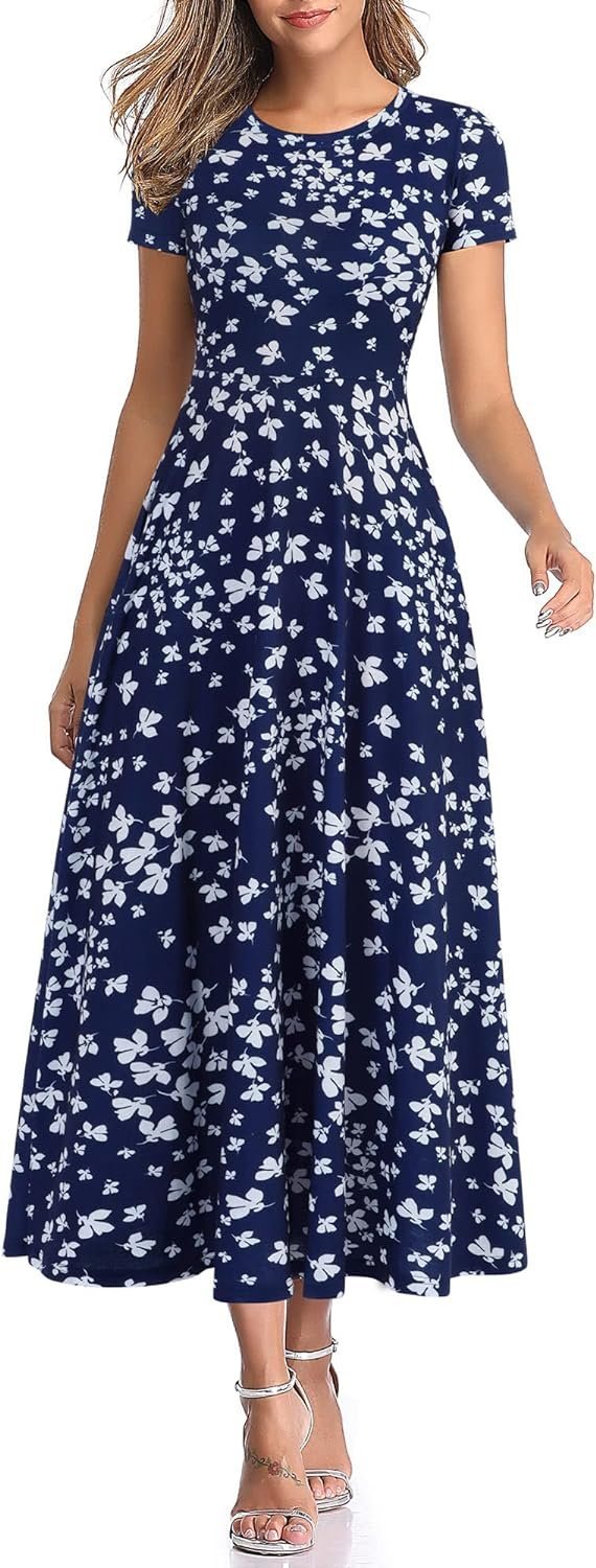 Women's 2024 Short Sleeve Round Neck Casual Summer Flowy Maxi Spring Dresses with Pockets