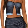 Women's 2 Piece Outfits Sheer Mesh Split Front Strapless Tube Crop Top and Ruffle Mini Skirt Set