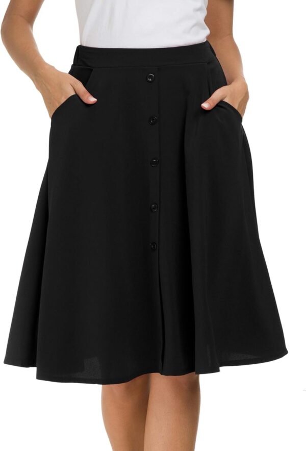 Womens High Waisted A Line Pleated Midi Skirt Button Front Skirts with Pocket