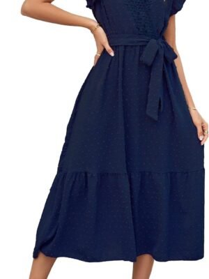 Women's Wrap V Neck Wedding Guest Dress Flutter Sleeve Swiss Dot A-Line Midi Summer Beach Dress