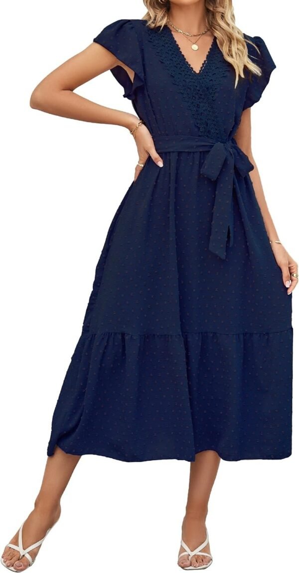 Women's Wrap V Neck Wedding Guest Dress Flutter Sleeve Swiss Dot A-Line Midi Summer Beach Dress