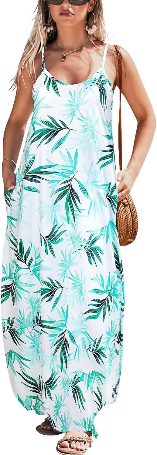 Women Summer Casual Bohemian Maxi Dress V-Neck Sleeveless Flowy Boho Floral Beach Long Dress with Pockets