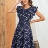 Women's Vintage Ruffle Floral Flared A Line Swing Casual Cocktail Party Dresses