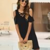 Women Summer Cold Shoulder Criss Cross Neckline Short Sleeve Casual Tunic Top Dress (S-3XL)