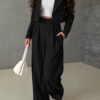 Womens Cropped Blazer Jackets High Waisted Wide Leg Work Pants Suit Set