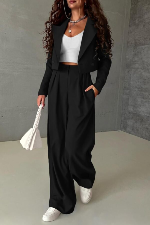 Womens Cropped Blazer Jackets High Waisted Wide Leg Work Pants Suit Set