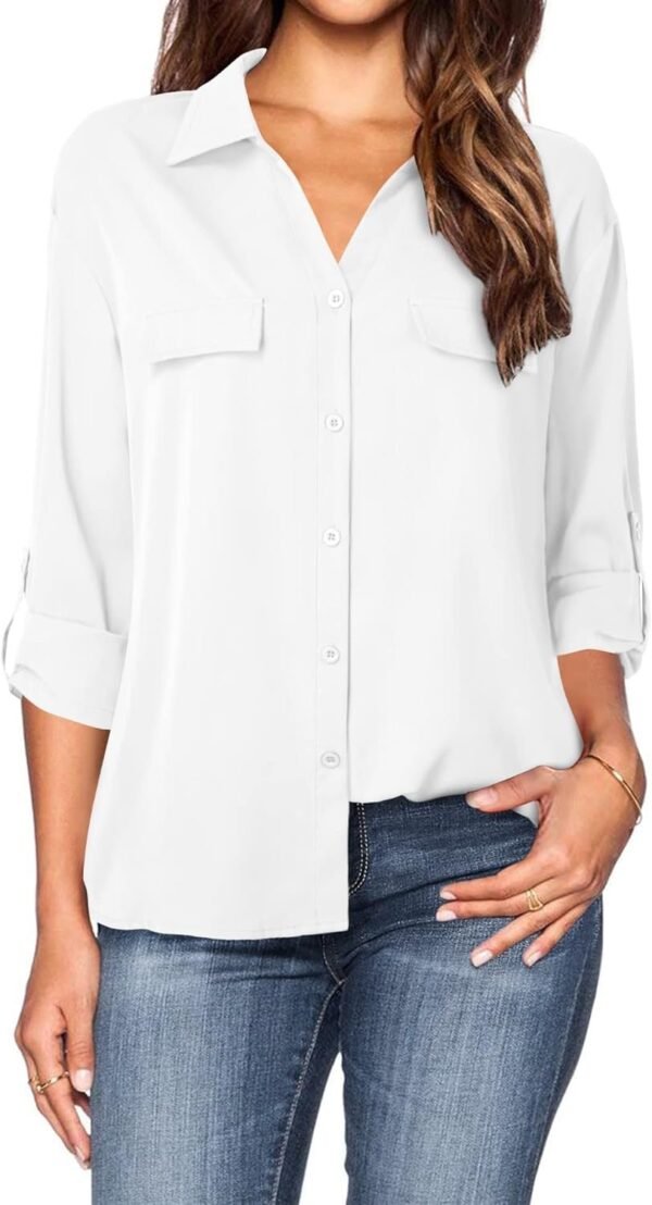 Women's Dressy Lapel Button Down Shirts for Work Office Business Casual Chiffon Blouse Tops