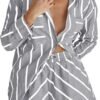 Women's Striped 2 Piece Outfits Casual Oversized Button Down Shirts and Short Lounge Pajamas Set