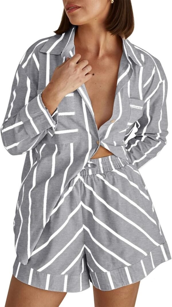 Women's Striped 2 Piece Outfits Casual Oversized Button Down Shirts and Short Lounge Pajamas Set