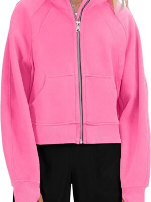 Womens Zip Up Sweatshirts Fleece Lined Collar Crop Hoodie Casual Cotton Long Sleeve Tops with Thumb Hole